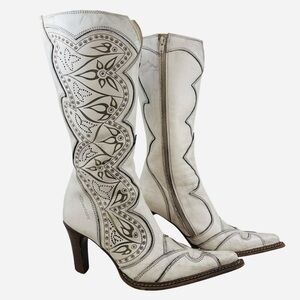 VTG Y2K Destroy White Distressed Leather Stiletto Heel Pointed Toe Boots 39-8